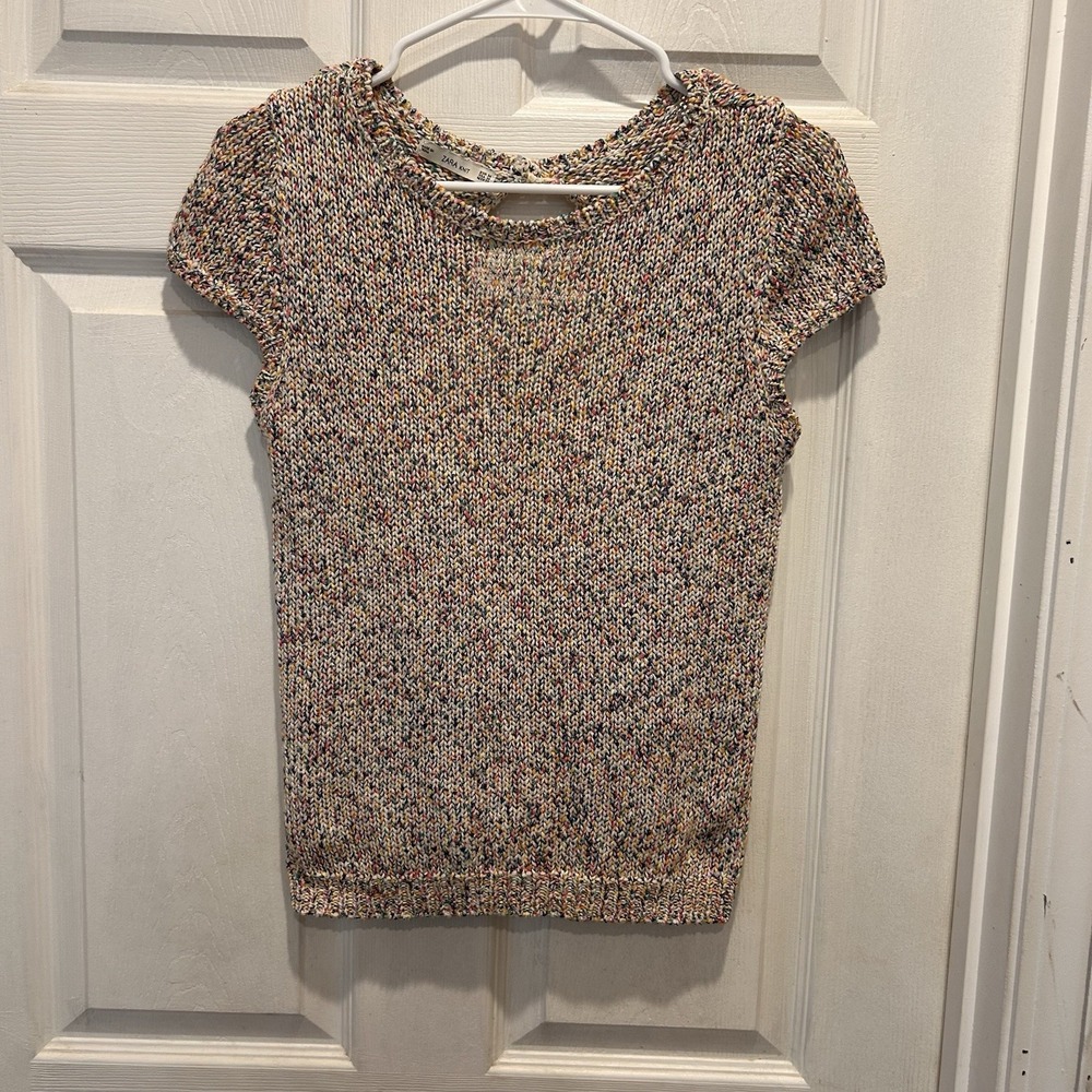 Zara Knit Womens Medium Multicolor Open Back Short Sleeve Cotton Blend Sweater